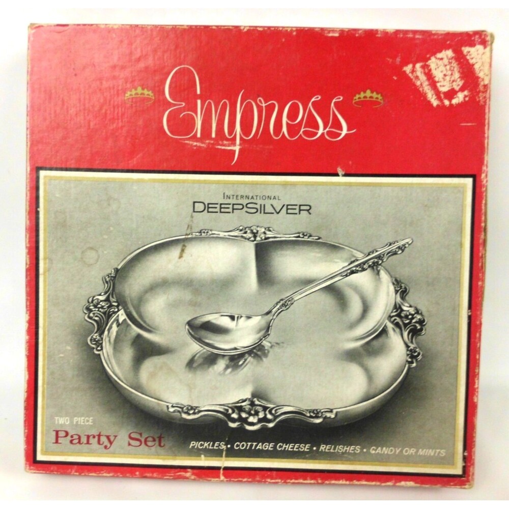 Vintage Empress International Deep Silver 2 Piece Party Set 7 In Tray Spoon Box